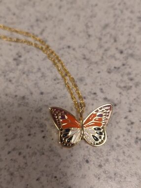 Gold Butterfly Pendant Necklace with Orange, Purple & White Enamel